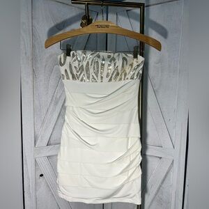 Elegant White Strapless Dress with Silver Accents